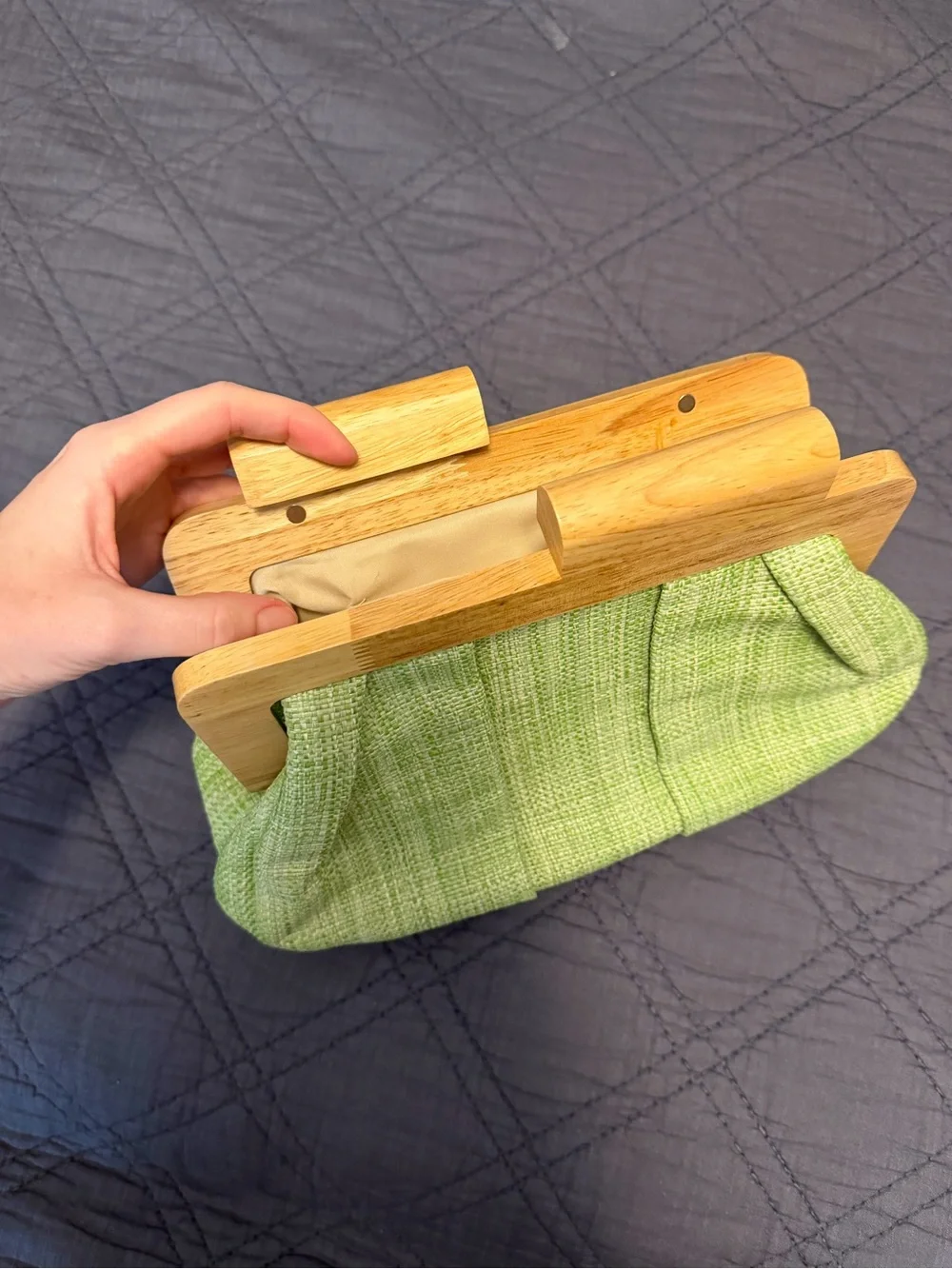 Francesca's Collections Lime Green Fabric Clutch with Wood Frame